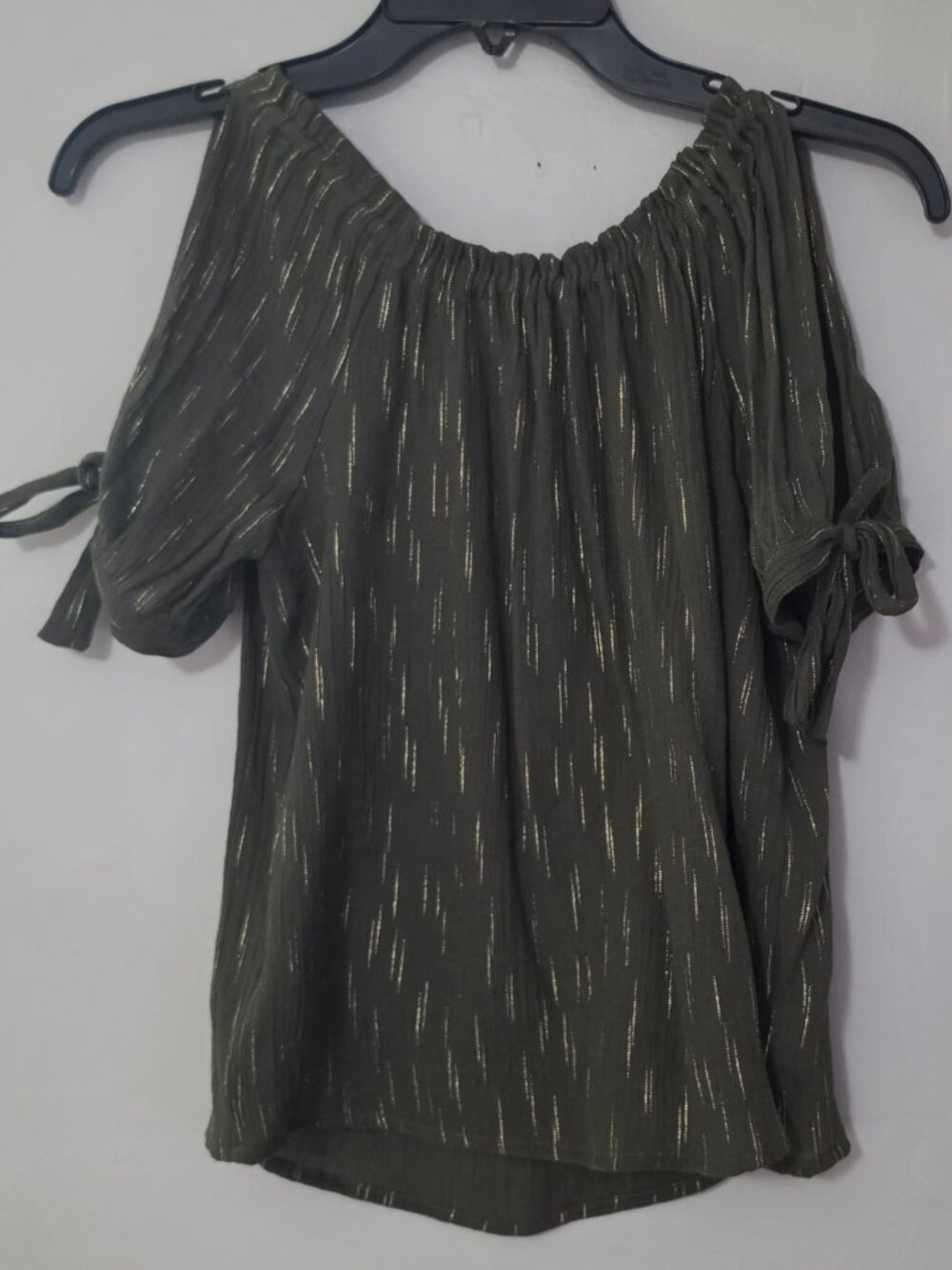 Girls' Olive Green Metallic Gold Pinstripe Cold Shoulder Tie-Sleeve Top